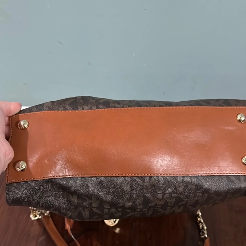 Michael Kors Collection Brown and Tan Monogram Tote with Gold Hardware